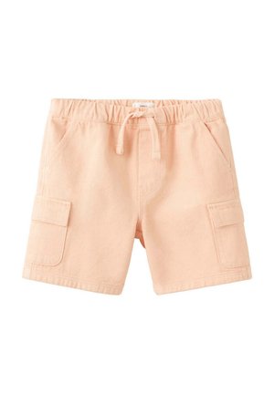 Licht perzikkleurige kinderkorte broek met elastische tailleband, trekkoord, zijzakken en schuine voorzakken.