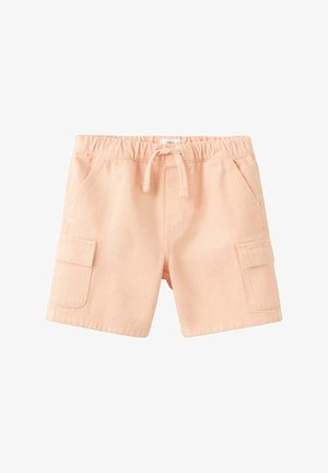 Detské svetlo broskyňové šortky s elastickým pásom, sťahovacou šnúrkou, bočnými nákladnými vreckami a šikmými prednými vreckami.