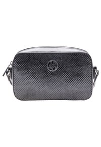 Black faux snake skin crossbody bag with a smooth texture, zip closure, and metallic logo detail on the front. Rectangular shape, compact size.