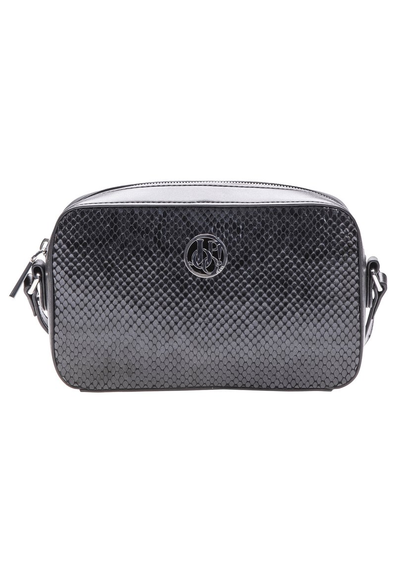Black faux snake skin crossbody bag with a smooth texture, zip closure, and metallic logo detail on the front. Rectangular shape, compact size.