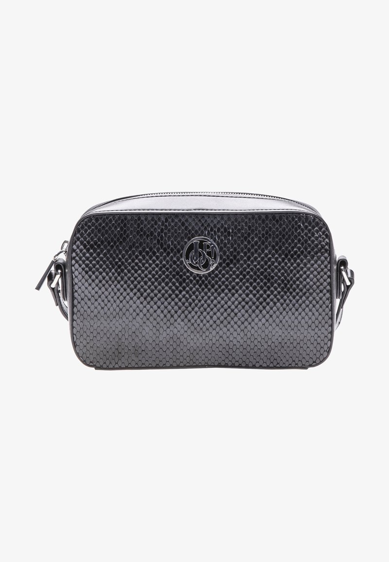 Black faux snake skin crossbody bag with a smooth texture, zip closure, and metallic logo detail on the front. Rectangular shape, compact size.