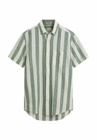 Camisa de manga corta con rayas verticales verdes y blancas, hecha de tela ligera, con cuello tipo button-down y un bolsillo en el pecho.