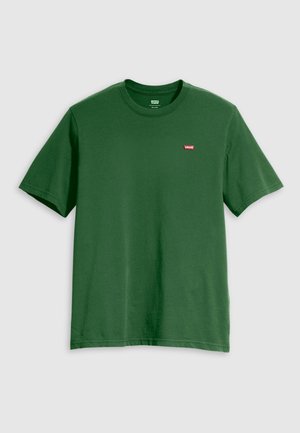 Green cotton t-shirt with a crew neckline. Small red Levi's logo on the left chest. Short sleeves, standard fit, smooth texture.