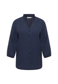 Blusa blu navy in tessuto morbido, con colletto arricciato, chiusura a bottoni e maniche tre quarti con polsini elasticizzati.