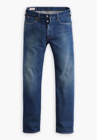 Vaqueros de mezclilla azul oscuro con diseño de pierna recta, cinco bolsillos, bragueta de botones y un sutil desgaste en los muslos. Detalles clásicos de costura.