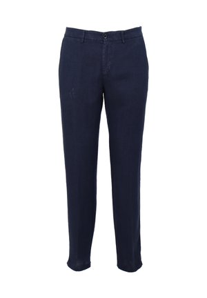 Navy linen trousers with a straight fit, featuring a button closure, belt loops, and a subtle texture. No prominent patterns or accents.