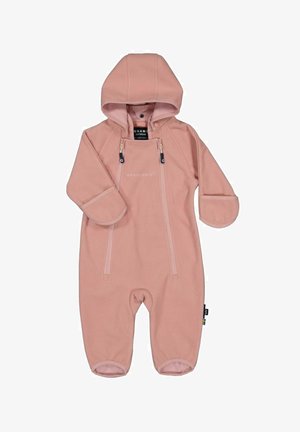 Vaaleanpunainen fleece-haalari, jossa on huppu, etuvetoketjut, joustavat hihansuut ja kyljessä oleva merkki. Pehmeä rakenne, leveät lahkeet ja yksinkertainen muotoilu.