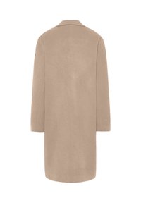 Licht beige wollen mix jas met een rechte snit, lange mouwen en een reverskraag. De achterkant heeft een gladde textuur en een minimalistisch ontwerp.