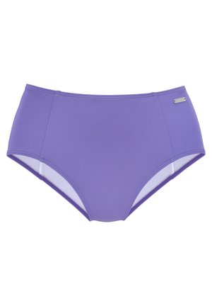 Hochgeschnittener Bikiniunterteil aus einfarbigem Lavendeltuch. Verfügt über kontrastierende weiße Netzpaneele an den Seiten und ein kleines metallic Markenetikett.