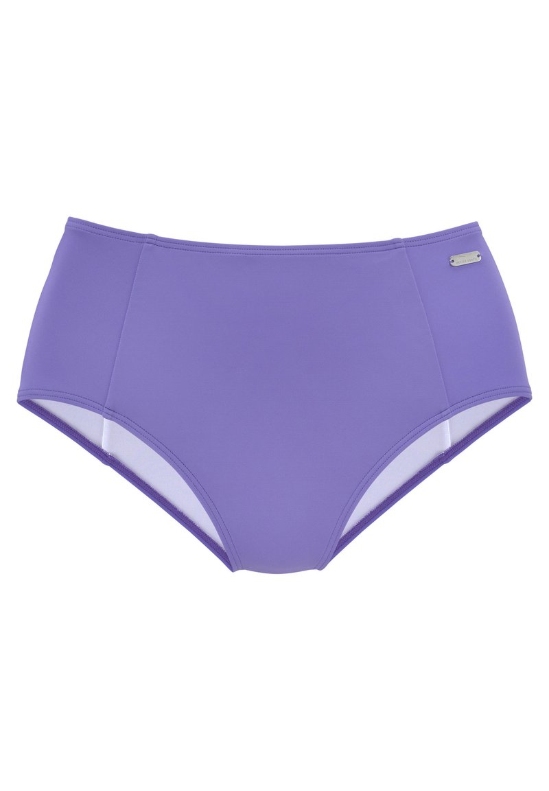Slip da bikini a vita alta in tessuto lavanda uniforme. Presenta pannelli in rete bianca a contrasto sui lati e un piccolo tag metallico del marchio.