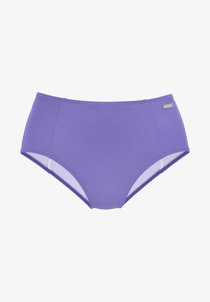 Slip da bikini a vita alta in tessuto lavanda uniforme. Presenta pannelli in rete bianca a contrasto sui lati e un piccolo tag metallico del marchio.