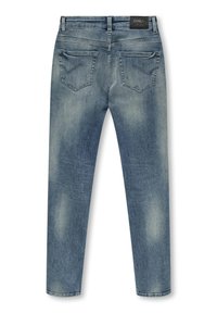 Zilas džinsa bikses ar izbalinātu mazgājumu, slaidu piegriezumu, piecu kabatu dizainu un leņķveida aizmugurējiem kabatām. Etikete pie jostasvietas.