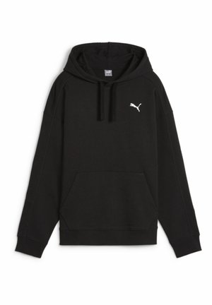 Zwarte hoodie met lange mouwen, een voorzak, een capuchon met trekkoorden en een klein wit Puma-logo op de linkerborst.