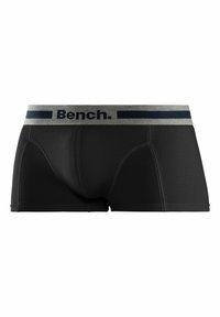 Boxer briefs neri con una cintura elastica grigia con il logo "Bench.". Il tessuto è liscio con un design aderente e dettagli di cucitura aggiuntivi.