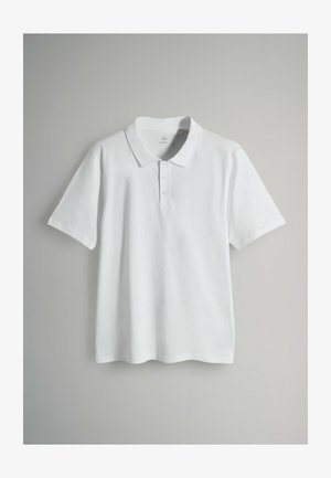 Biela polo tričko vyrobené z mäkkého bavlny, s golierom, trojgombíkovým zapínaním a krátkymi rukávmi. Jednoduchý, klasický dizajn.