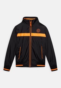 Black athletic jacket featuring an orange horizontal stripe, zippered front, stand collar, and elastic cuffs with matching accents.