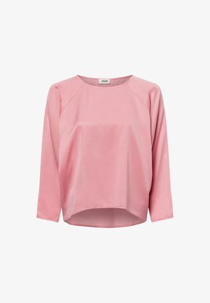 Rosa Langarmbluse mit rundem Halsausschnitt und leicht abgerundetem Saum, aus glattem Stoff und in lockerer Passform.