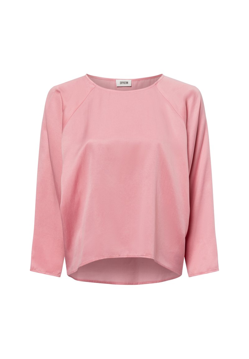 Rozig langemouw blouse met ronde hals en licht gebogen zoom, gemaakt van een gladde stof met een relaxte pasvorm.