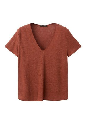 Kurzärmliges T-Shirt mit V-Ausschnitt in Rostfarbe aus weichem, leichtem Stoff und geradem Saum, auf weißem Hintergrund dargestellt.