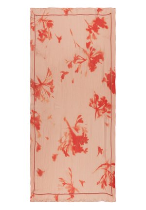 Light pink rectangular scarf with red floral patterns scattered and a thin red border around the edges.