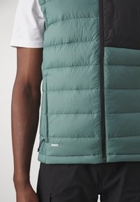 Grüne Steppweste mit gestepptem Muster, ausgestattet mit einem schwarzen Reißverschluss auf der Vorderseite und einer seitlichen Tasche. Enthält ein kleines weißes "550"-Logo am Saum.