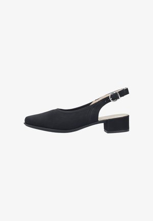 Chaussure noire à bride arrière avec un bout carré, un petit talon carré et un détail de boucle. La tige est en matériau semblable au daim avec une texture lisse.
