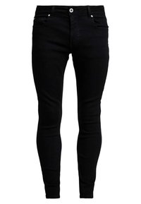 Svart smalbyxor i denimtyg. Funktioner inkluderar fem fickor, knappknäppning framtill och en slät yta.