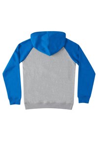 Haut à capuche gris avec des manches raglan et une capuche bleues. Tissu doux, poignets côtelés et coupe décontractée. Texture lisse, sans motifs ni logos visibles.