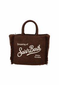 Bruine ribstoffen totebag met franjes, met witte tekst: "Dromen van Saint Barth Winterparadijs." Dubbele handvatten. Gevoerd met rits aan de bovenkant.