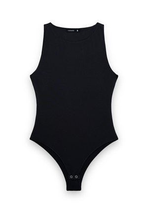 Body nero senza maniche con scollo rotondo e bottoni automatici all'altezza dell'inguine, taglia piccola, disteso su sfondo bianco.