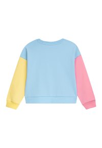 Hellblaues Sweatshirt mit langen Ärmeln. Linker Ärmel in Gelb, rechter Ärmel in Pink. Gerippte Bündchen und runder Ausschnitt, weicher Stoff.