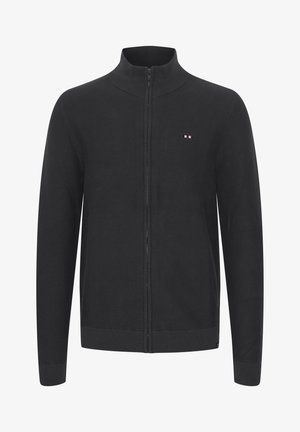 Schwarzer Reißverschluss-Pullover mit hohem Kragen, strukturiertem Rippenstoff und kleinem dreifarbigen Logo auf der Brust. Eng anliegende Bündchen und Saum.