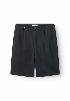 Black shorts made of lightweight fabric, featuring a button closure, belt loops, and two front pockets with a flat front design.