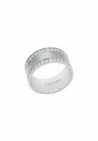 Anello in argento con intarsio in madreperlato e due file di pietre trasparenti. Superficie liscia, forma arrotondata, design moderno, inciso con "JOOP!".