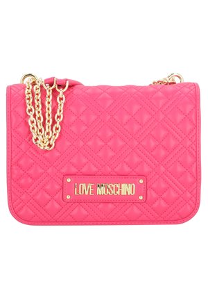 Bright pink quilted handbag with gold chain strap and "LOVE MOSCHINO" gold logo plaque on front.