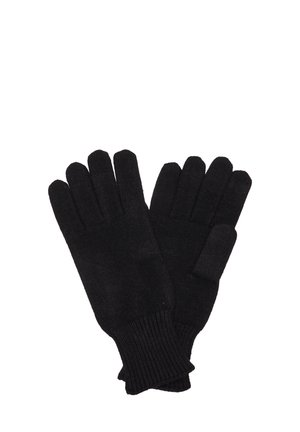 Paar schwarze gestrickte Handschuhe mit gerippten Bündchen, entwickelt für Wärme und vollständige Fingerbedeckung.