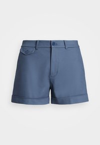Modré šortky s hladkou texturou, mají ohrnutý lem, dva přední knoflíky a boční kapsy. Střih vhodný pro běžné nošení.