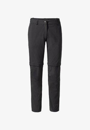 Zwarte convertible broeken van lichtgewicht stof; voorzien van een ritssluiting aan de pijp om te transformeren in shorts, met voork pensioen en een veilige tailleband.