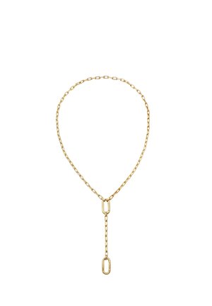 Goldene Halskette mit länglichen Gliedern, die eine Schlaufe bilden, und einem hängenden vertikalen Glied in der Mitte vorne.
