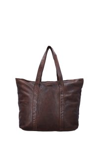 Brown leather tote bag with two sturdy handles, featuring a smooth texture, large body, and subtle stitching details.