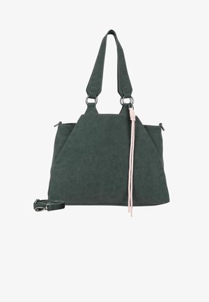 Dunkelgrüne Wildleder-Tote mit zwei oberen Griffen, abnehmbarem Schulterriemen und pinkem, geknotetem Quastenakzent.