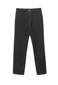 Jeans in denim nero con una sottile stampa leopardata, cinque tasche e chiusura con bottone frontale. Taglio dritto con una finitura classica.