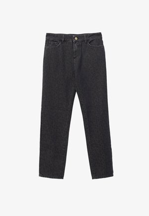Zwarte denim jeans met een subtiele luipaardprint, vijf zakken en een voor sluiting met knoop. Rechte pijpen met een klassieke afwerking.