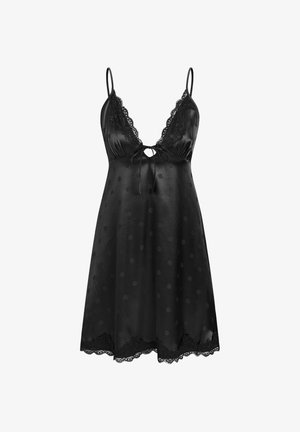 Zwarte satijnen nachtkleding met polka dots, kanten afwerking aan de halslijn en zoom, verstelbare spaghettibandjes en een strikdetail aan de voorkant.