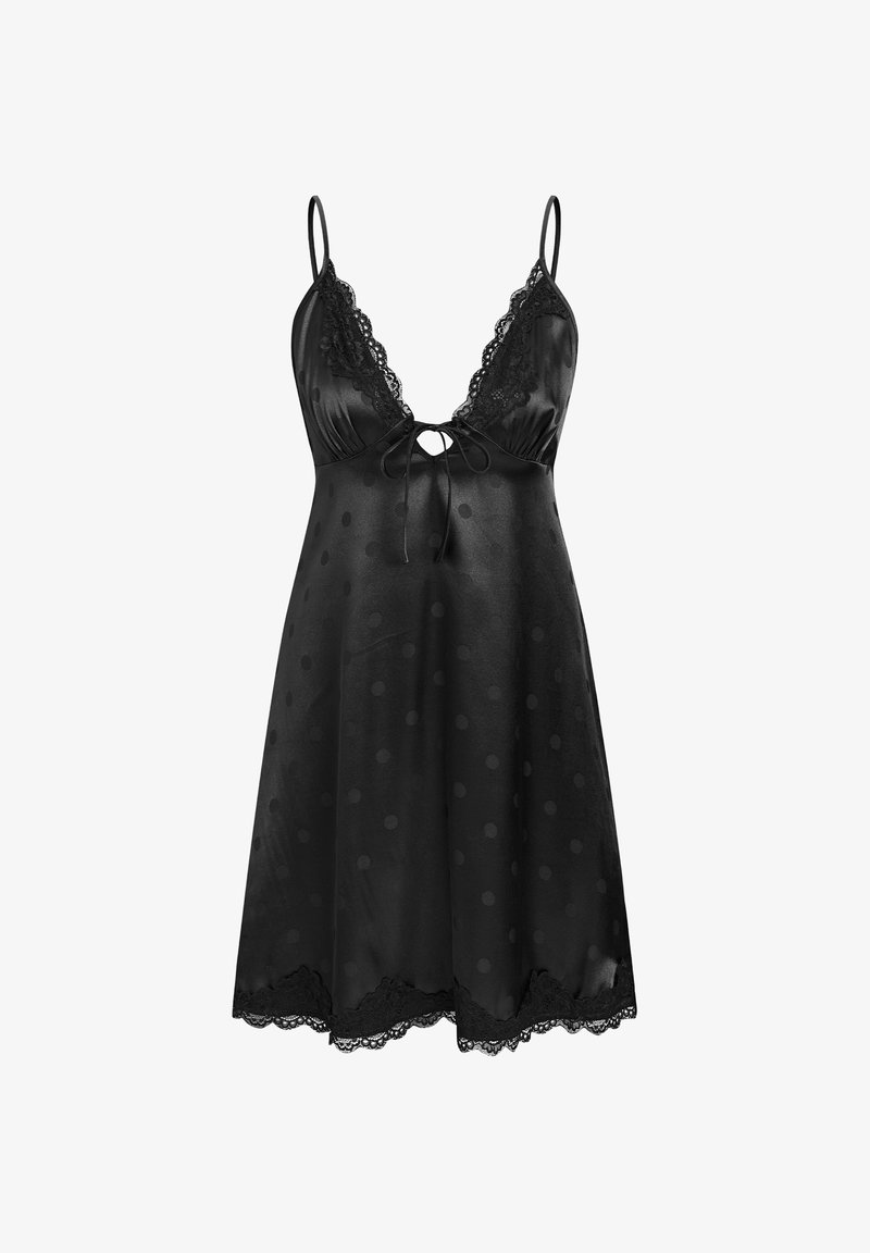 Schwarzes Nachthemd aus Satin mit Polka-Dots, Spitzenbesatz am Ausschnitt und Saum, verstellbaren Spaghettiträgern und vorderseitiger Schleifendetail.
