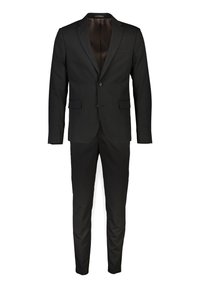 Completo nero due pezzi con blazer dal rever a lancia e pantaloni aderenti, dotato di tasche frontali con patta e chiusura monopetto con bottoni.