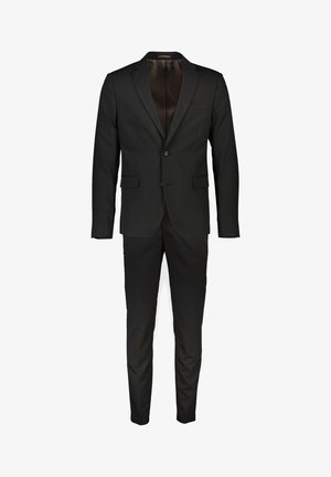 Schwarzer Zweiteiler mit Blazer und Reverskragen sowie schlanken Hosen, ausgestattet mit vorderen Pattentaschen und einreihiger Knopfleiste.