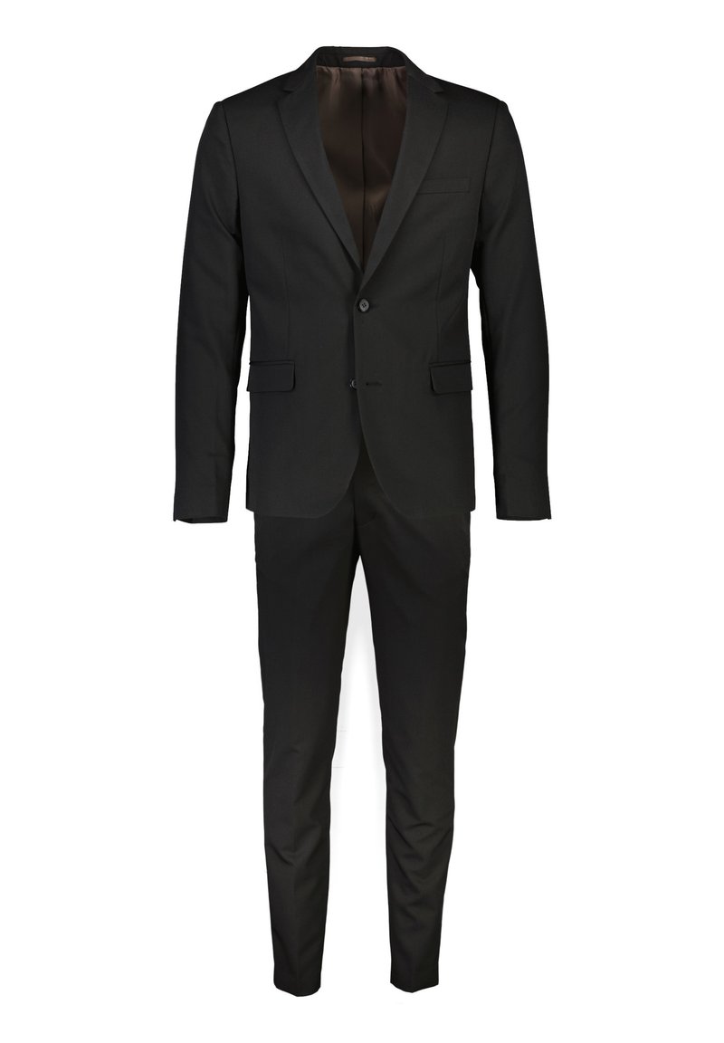 Completo nero due pezzi con blazer dal rever a lancia e pantaloni aderenti, dotato di tasche frontali con patta e chiusura monopetto con bottoni.