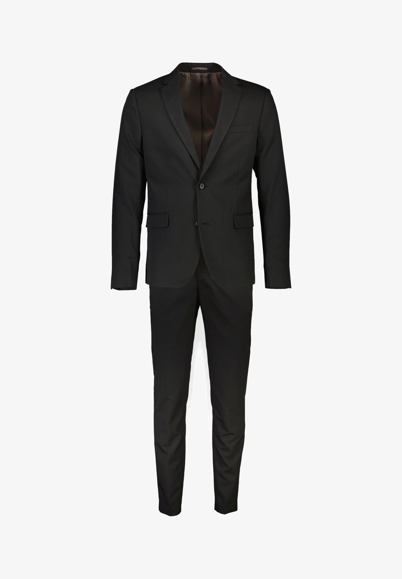 Completo nero due pezzi con blazer dal rever a lancia e pantaloni aderenti, dotato di tasche frontali con patta e chiusura monopetto con bottoni.