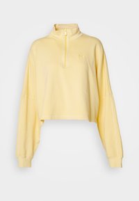 Keltainen lyhyt collegepaita, jossa korkea kaulus, puolipitkä vetoketju edessä ja pitkät hihat. Rintakehässä hillitty logo. Pehmeä kangaspinta.